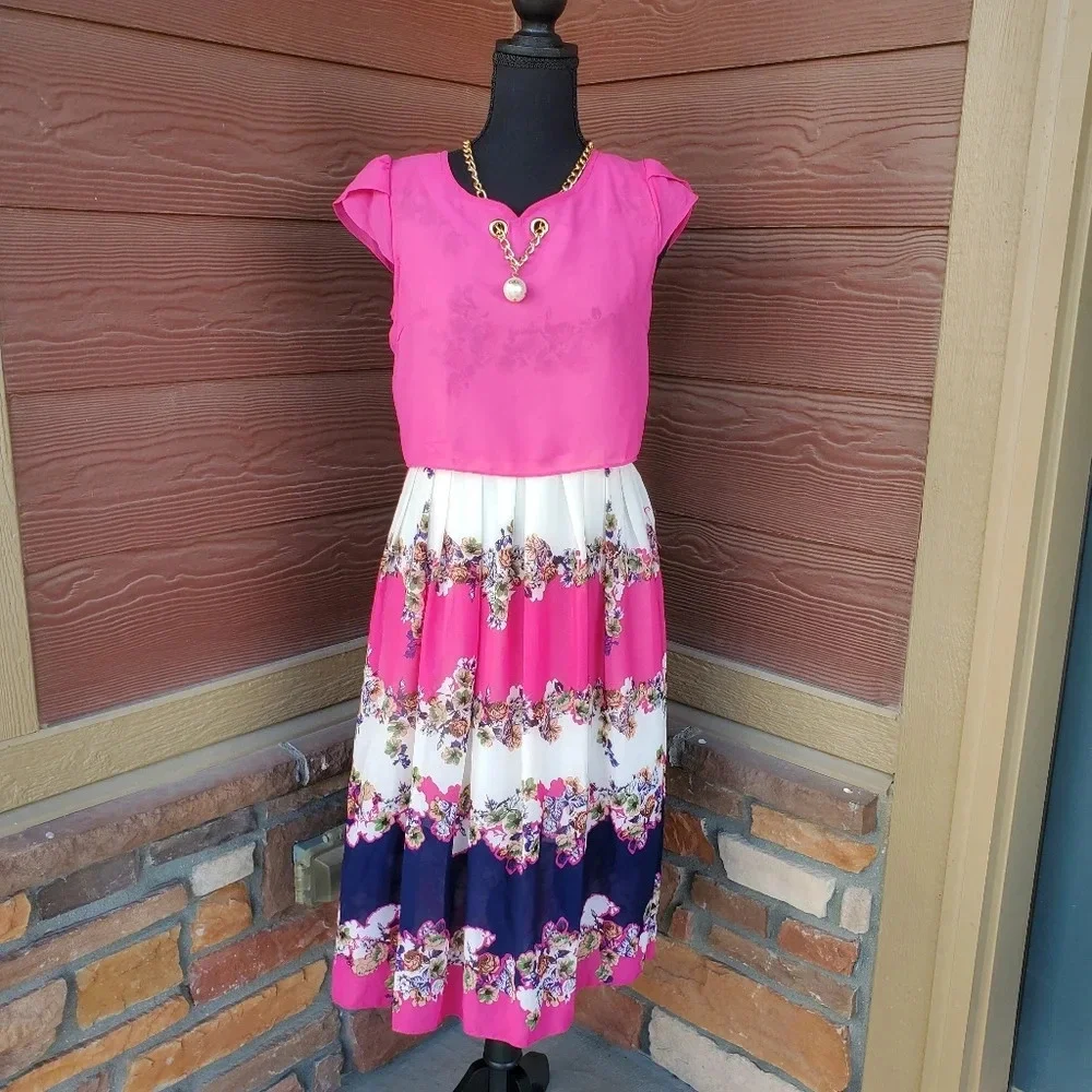 Korean Style Women Chiffon Floral Printed Midi Long Big Dress Size Medium